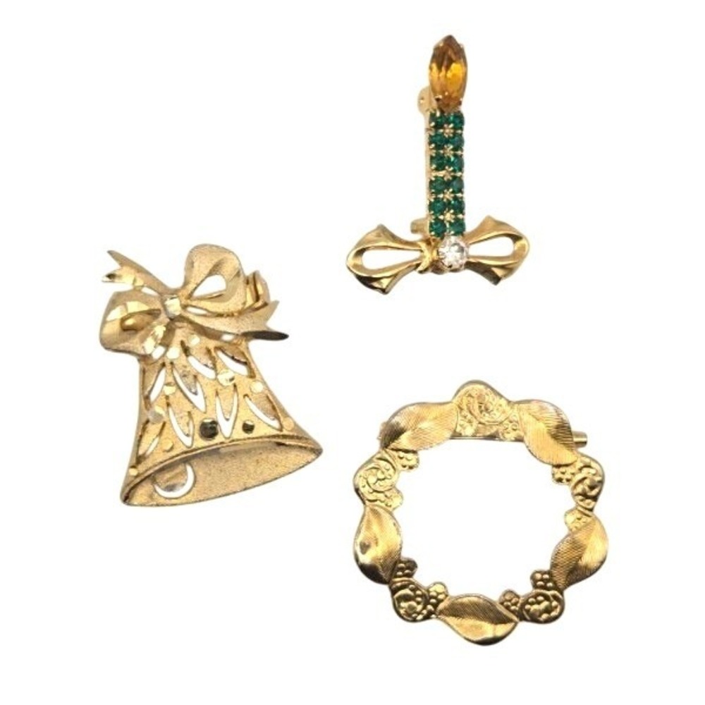 Vintage Christmas Brooch Set Bell Candle Wreath Gold Tone Rhinestone